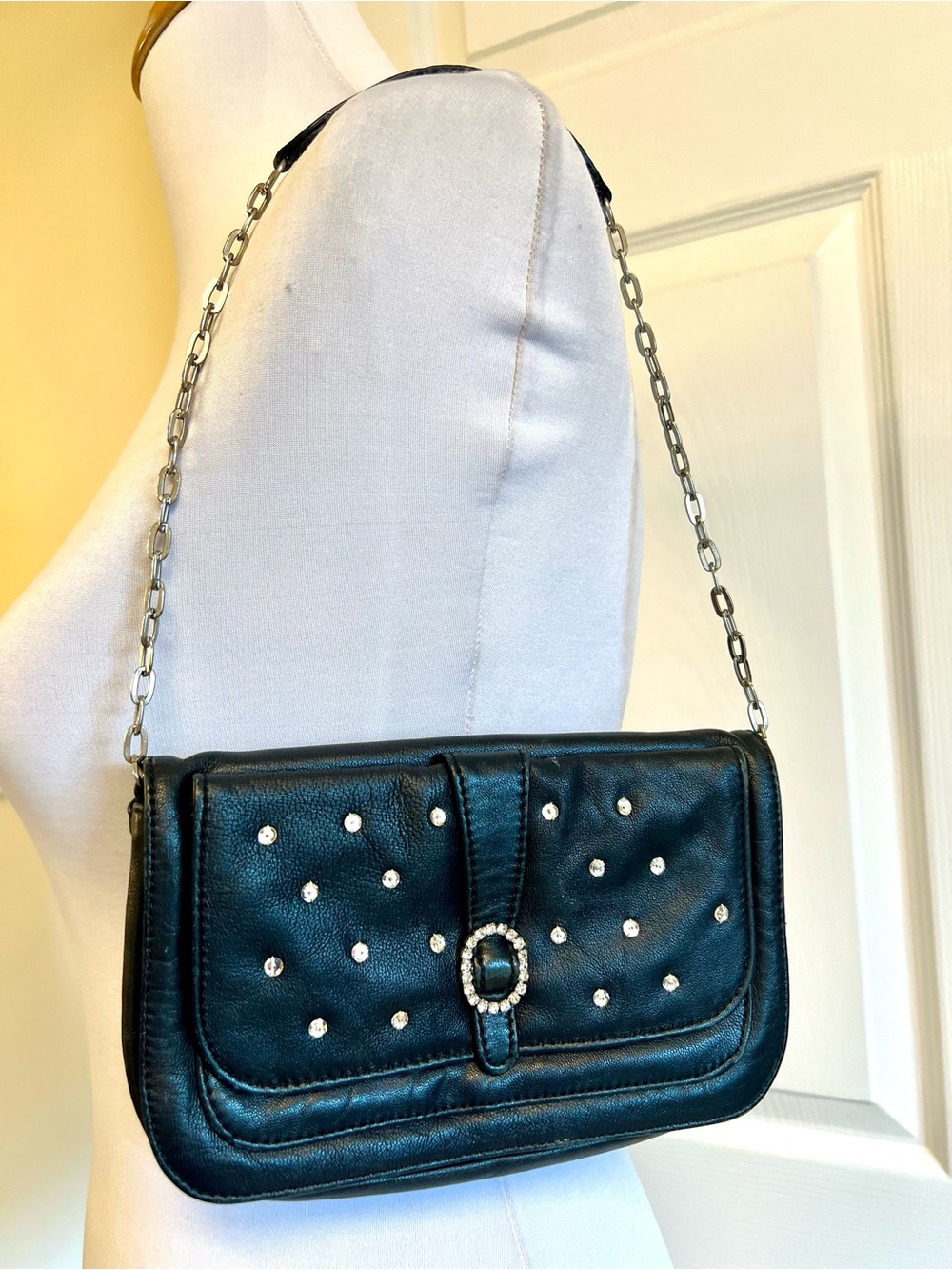 Tosca Blu Italy Black Leather Rhinestone Studded Shoulder Bag Y2K Evening purse